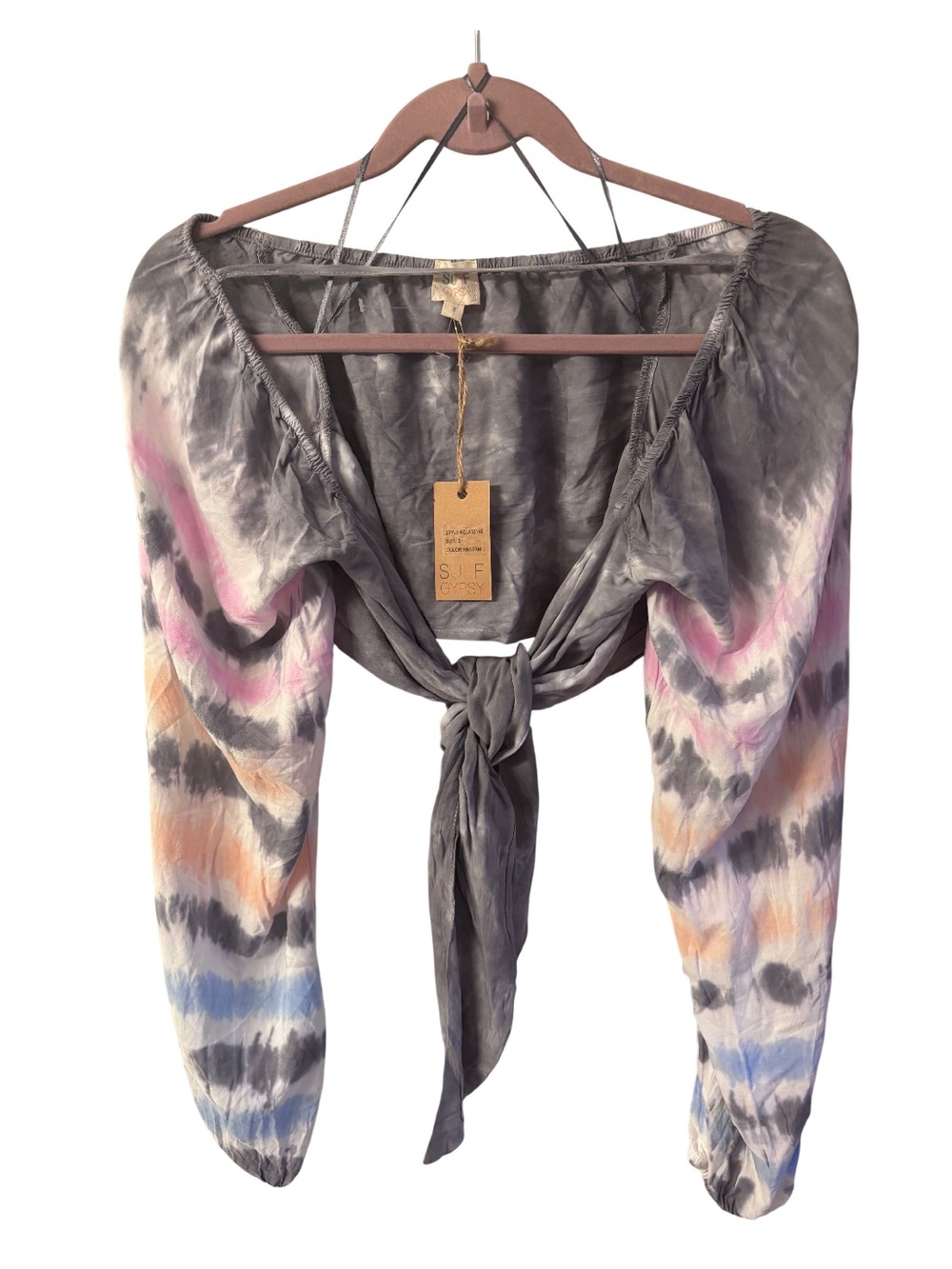 Surf Gypsy Gray Tie-Dye Front Tie Crop Blouse with Pastel Accents